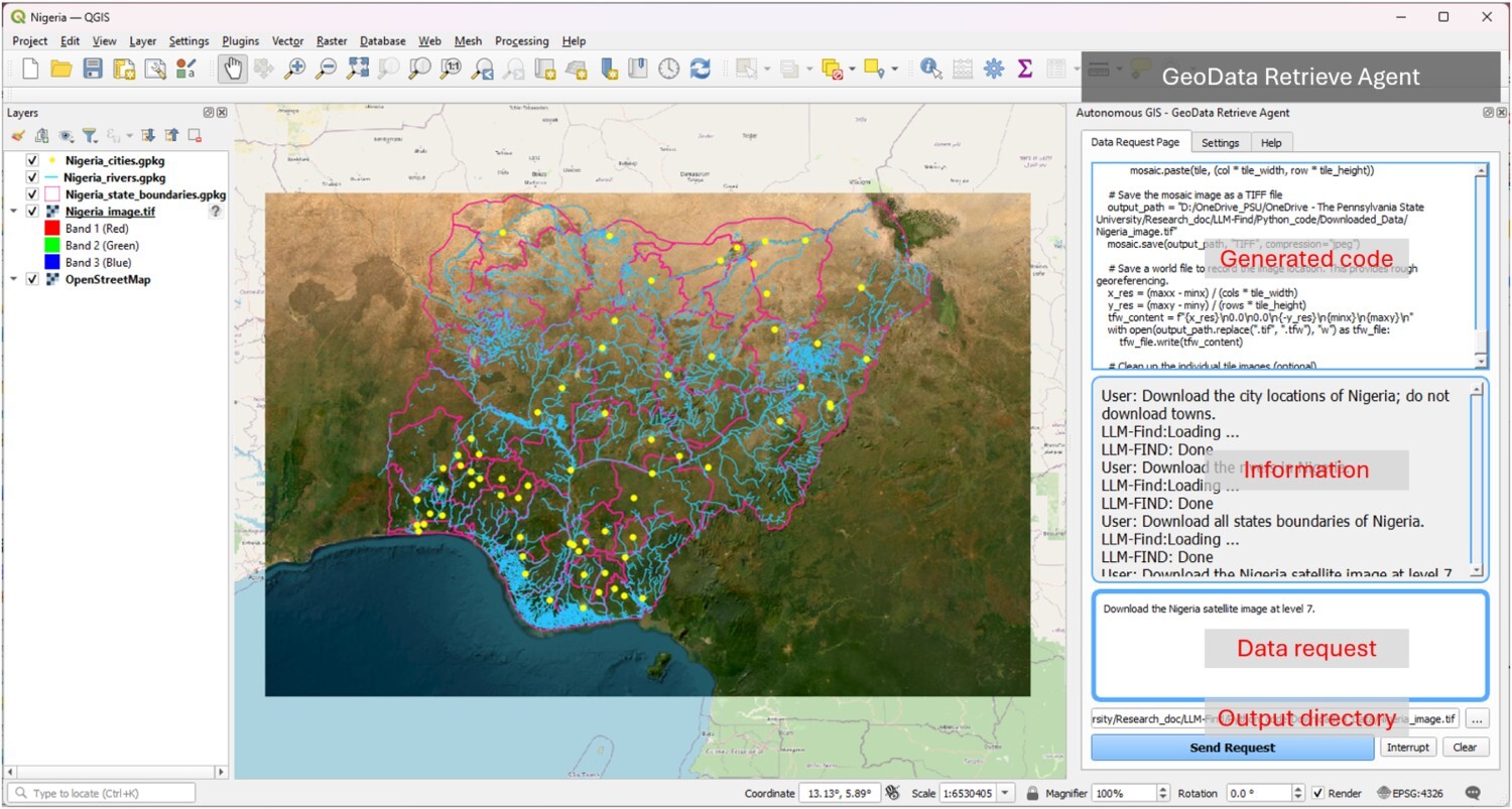 Geospatial data retrieval agent interface within QGIS