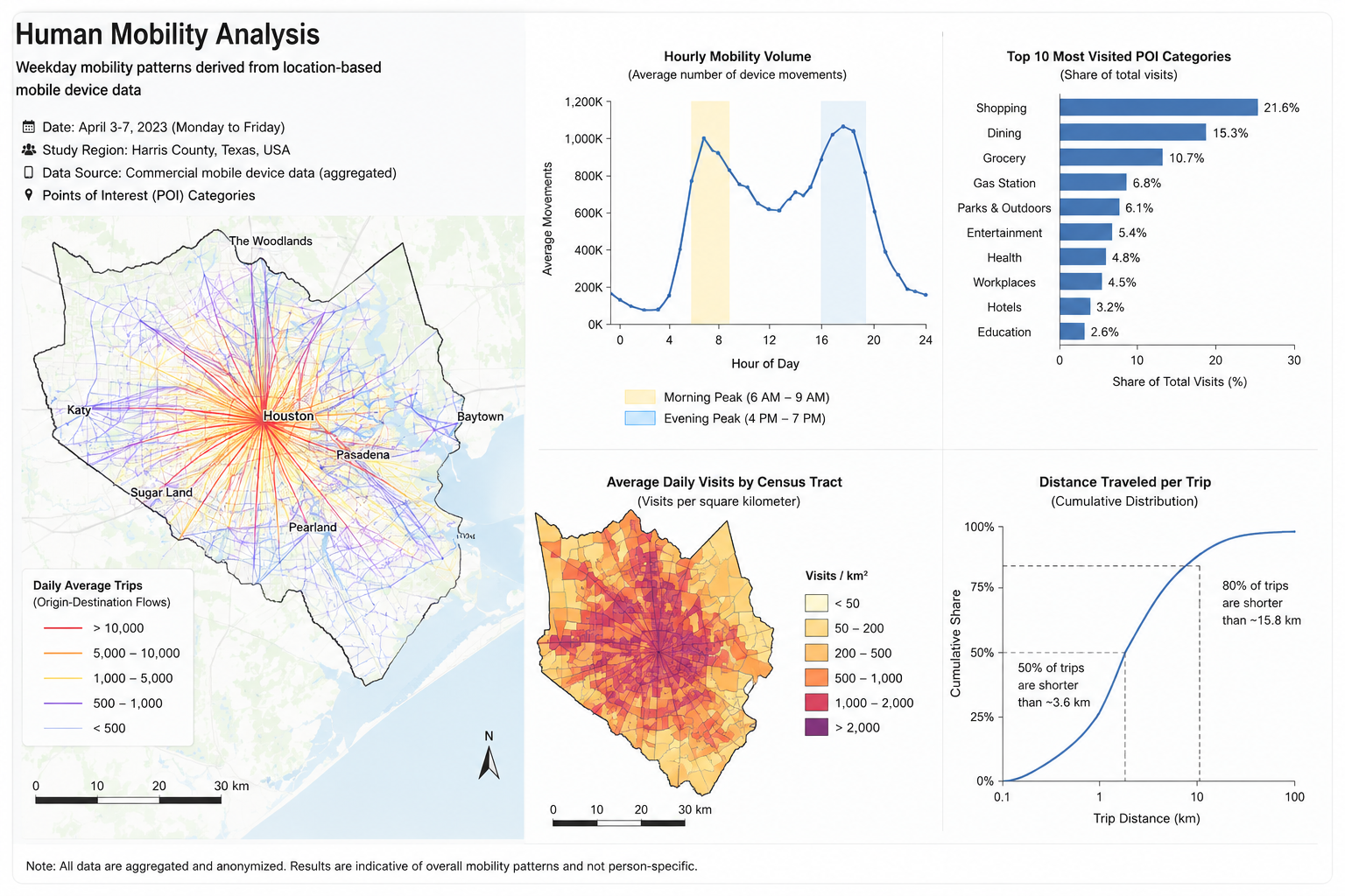Illustrative human mobility analysis showing movement flows, temporal patterns, destination categories, visit density, and travel distance