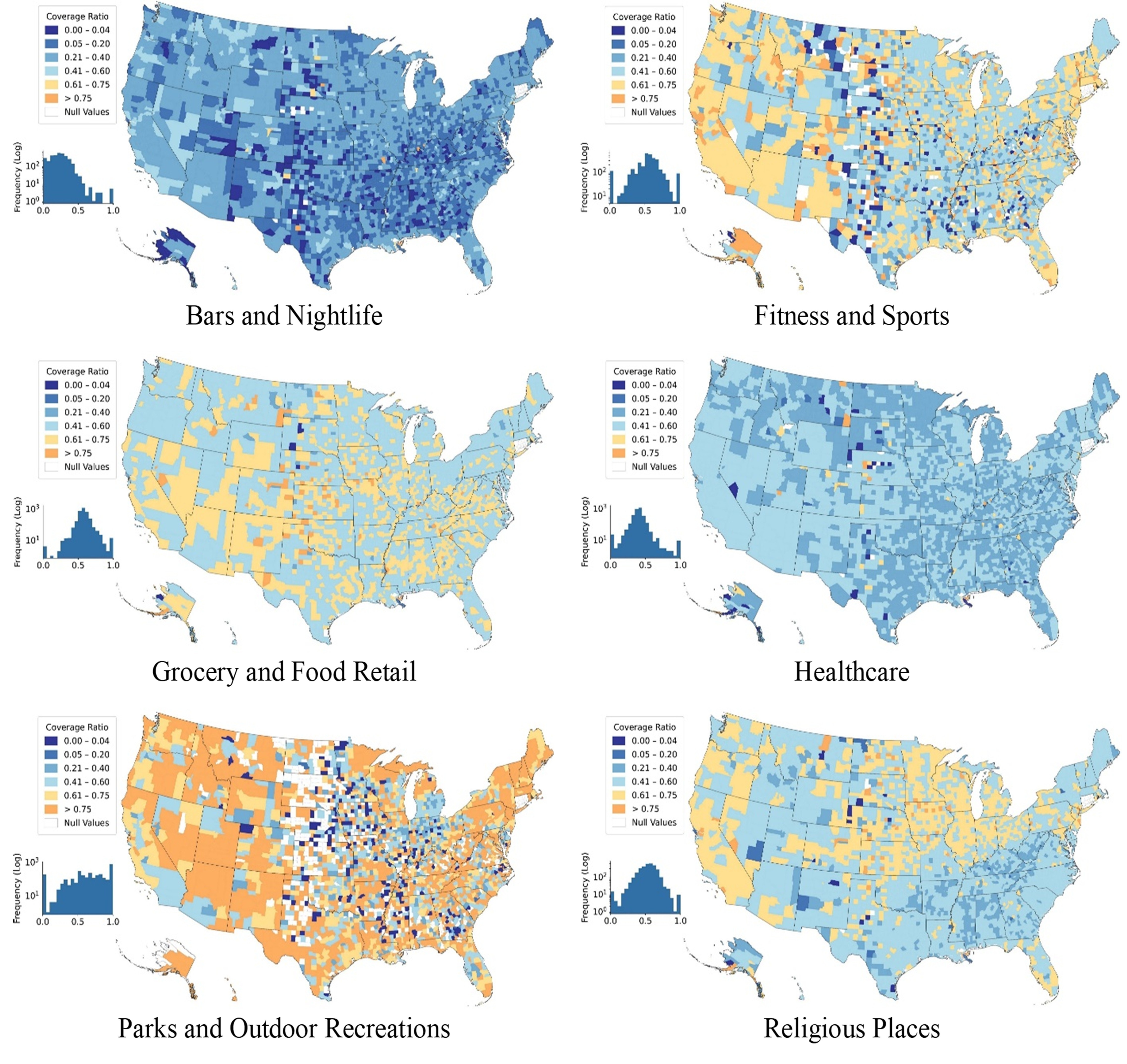 County-level coverage ratios for eight categories of points of interest across the United States