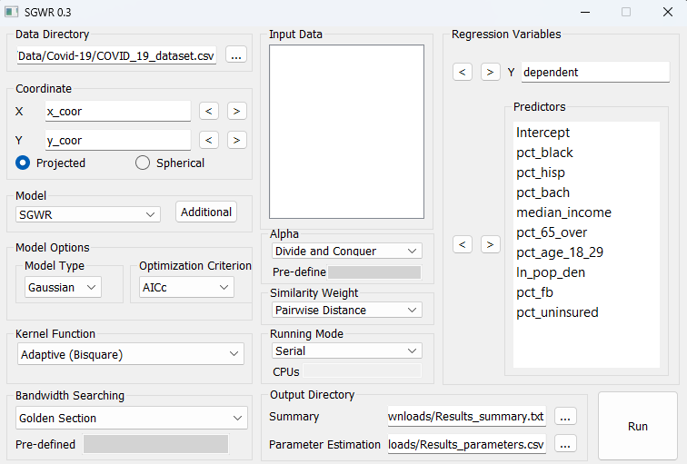 SGWR software interface with data, model, optimization, and output controls