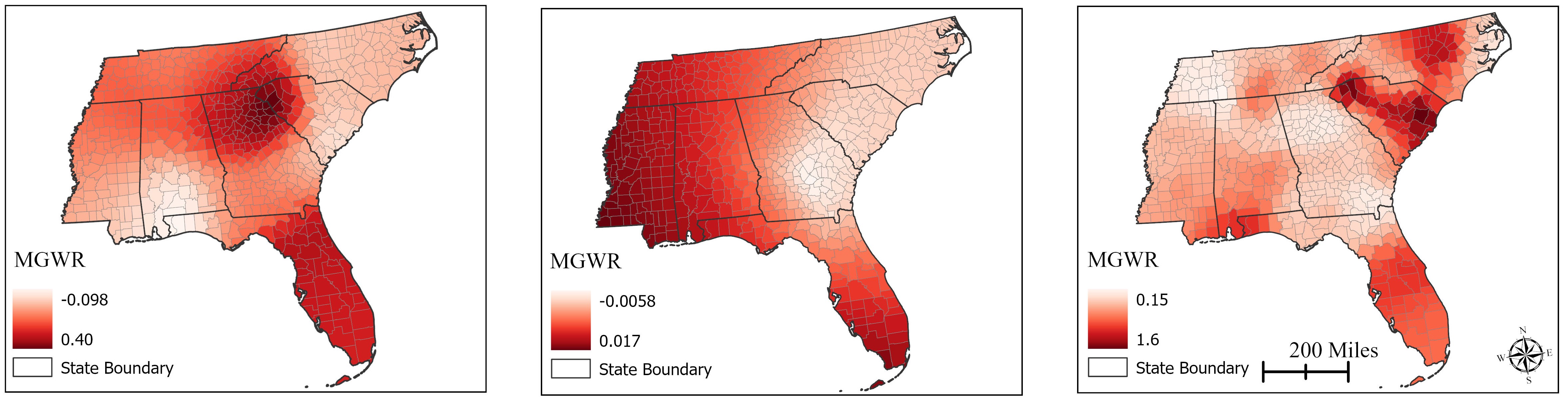 Three maps illustrating spatial heterogeneity in predictor–outcome relationships
